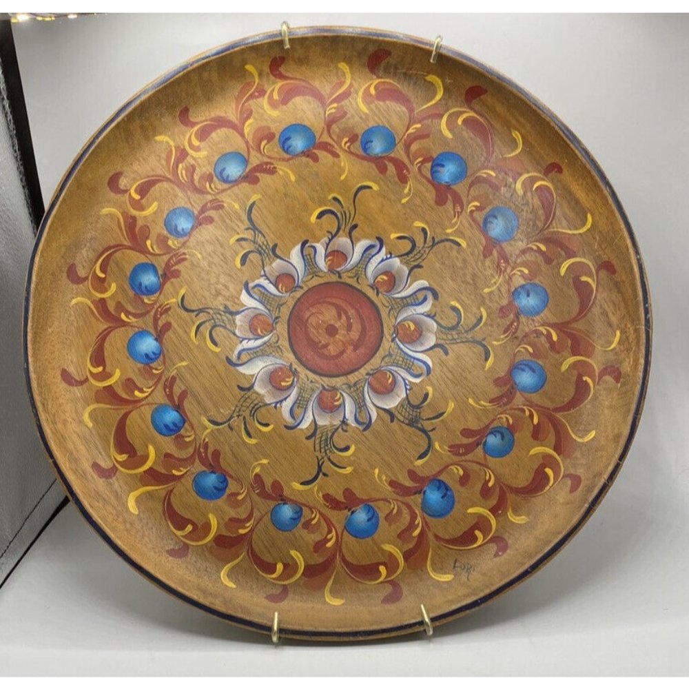 Genuine monkey pod wood hand painted floral 12” plate Philippines Signed!